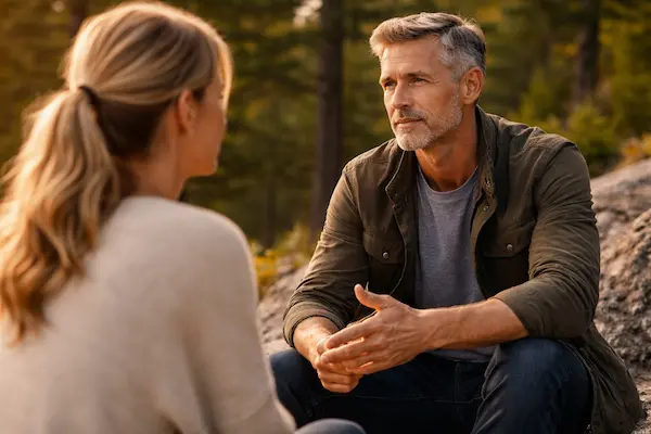 Muž a žena vedú pokojný rozhovor v prírode, symbol mentálnej odolnosti, stabilnej komunikácie a zvládania náročných situácií bez konfliktu..webp