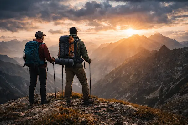 Dvaja turisti stoja na horskom hrebeni pri západe slnka a bezpečne ukončujú túru v horách.webp