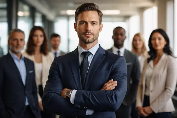 Sebavedomý muž pôsobiaci prirodzene autoritatívne v pracovnom prostredí ako symbol získania rešpektu..webp