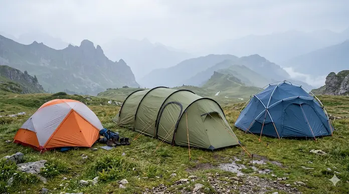 porovnanie typov stanov — kupolový, tunelový a geodetický stan vedľa seba.webp