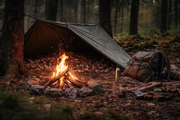 Núdzový prístrešok z plachty medzi stromami v lese, pred ním táborový oheň a survival výbava počas bivakovania..webp