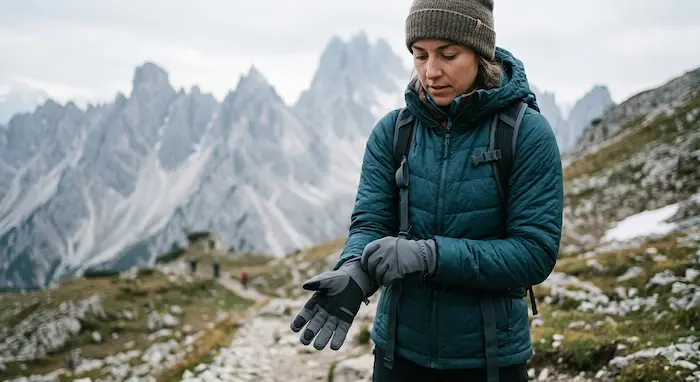Turista si oblieka softshellové rukavice počas zastávky na horskom chodníku.webp