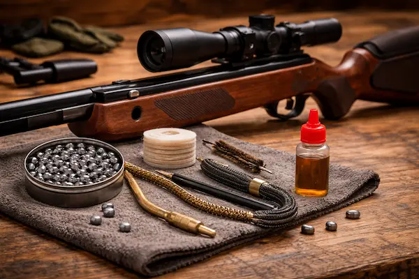 ako čistiť vzduchovku a hlaveň správne a bezpečne – vzduchovka, diabolky a čistiace pomôcky pripravené na pravidelnú údržbu.webp