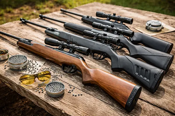 Lacné vzduchovky položené na drevenom stole spolu so strelivom a príslušenstvom pre rekreačnú streľbu.webp