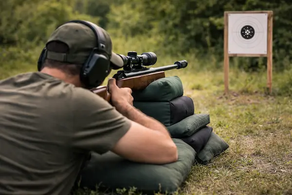 ako zlepšiť presnosť streľby zo vzduchovky – strelec leží v stabilnej polohe a mieri cez puškohľad na papierový terč.webp