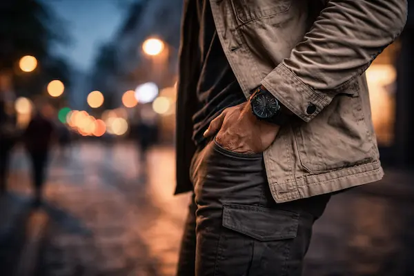 Situačné povedomie v praxi – detail postoja a pripravenosti muža v nočnom meste.webp