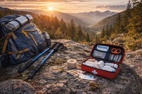 Turistická lekárnička a batoh pripravené na horskej túre v prírode.webp