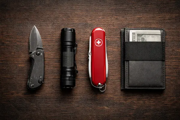 EDC pre začiatočníkov – základná každodenná výbava s nožom, baterkou, multitoolom a peňaženkou.webp