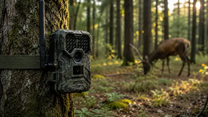 Fotopasca upevnená na kmeni stromu v poľovnom revíri.webp