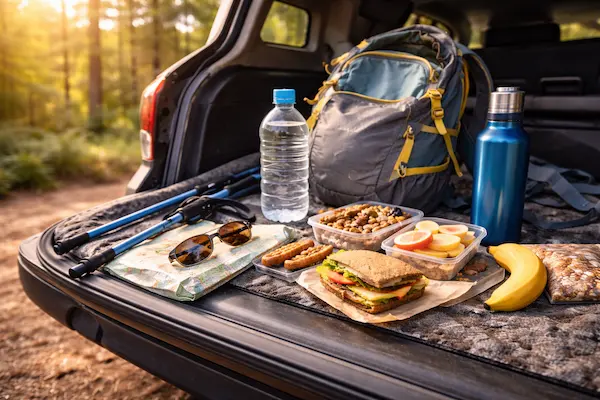 trava a pitný režim na turistike – pripravená voda, jedlo a batoh pred túrou.webp