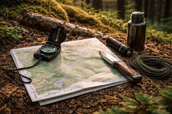 Survival výbava na orientáciu v lese – mapa, kompas, nôž, baterka a fľaša s vodou rozložené na lesnej pôde..webp