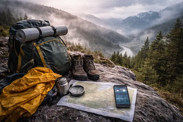 Počasie v horách – turistický batoh, mapa a nepremokavá bunda pripravené na túru.webp
