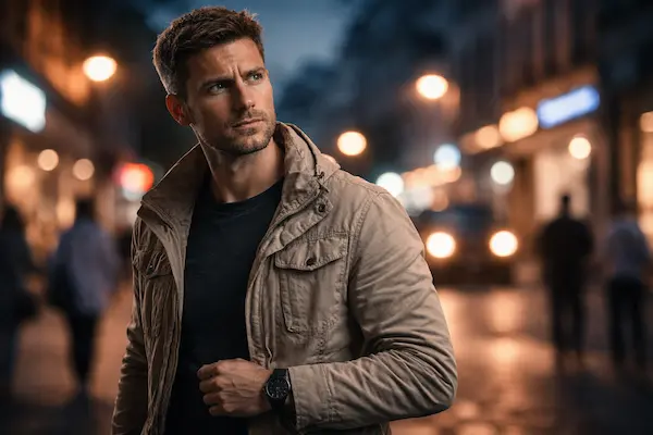 Situačné povedomie v meste – muž v ostražitom postoji sleduje svoje okolie večer na ulici.webp