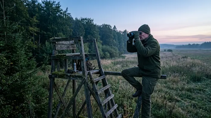 Poľovník na posede pozoruje okraj lesa