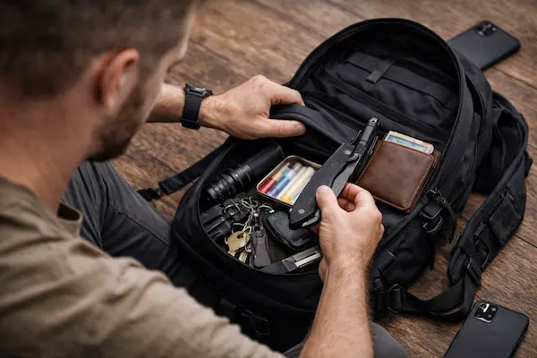 Muž si balí EDC výbavu do ruksaku a pripravuje veci na každodenné nosenie.webp