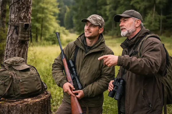 Skúsený poľovník učí začiatočníka v lese.webp