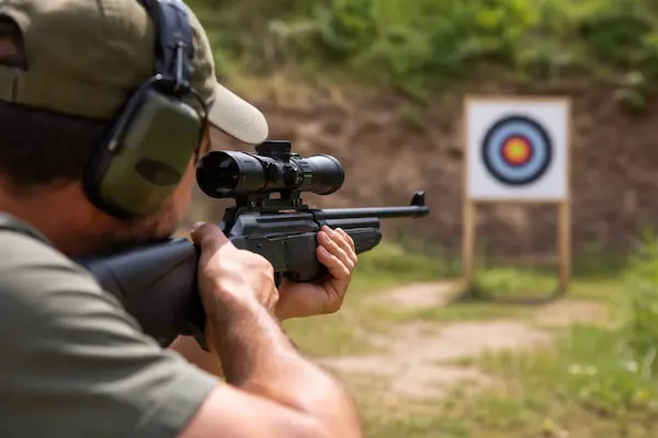 najlepšia vzduchovka na terčovú streľbu – strelec mieri vzduchovkou s puškohľadom na papierový terč.webp