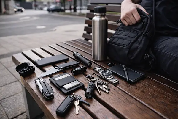 EDC do mesta v praxi – každodenná výbava rozložená na lavičke v urbánnom prostredí.webp