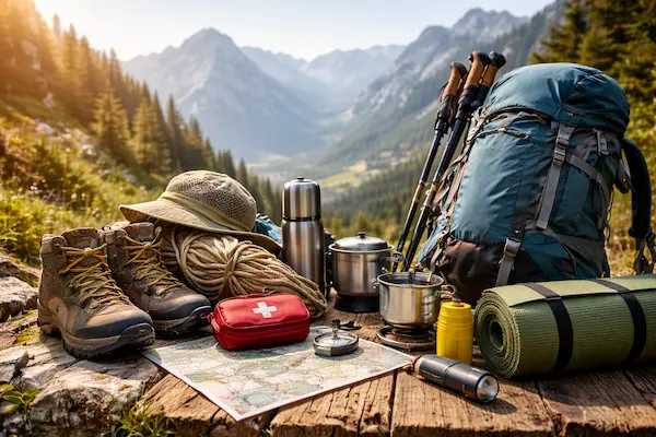 Základná výbava na turistiku – batoh, turistické topánky, lekárnička a mapa v horskom prostredí (1).webp
