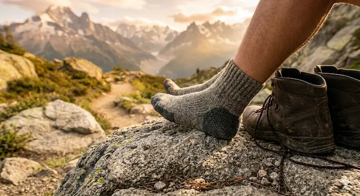Turista počas oddychu na horskom chodníku s turistickými ponožkami a vyzlečenou obuvou.webp