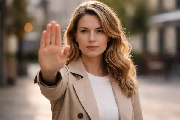 Sebavedomá žena pokojne nastavuje hranicu gestom ruky, symbol asertivity a schopnosti povedať nie bez pocitu viny..webp