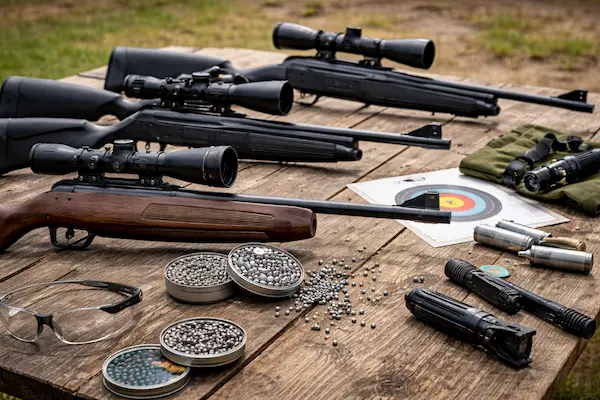 najlepšia vzduchovka na terčovú streľbu – vzduchovky s puškohľadmi, diabolky a strelecké príslušenstvo na stole.webp