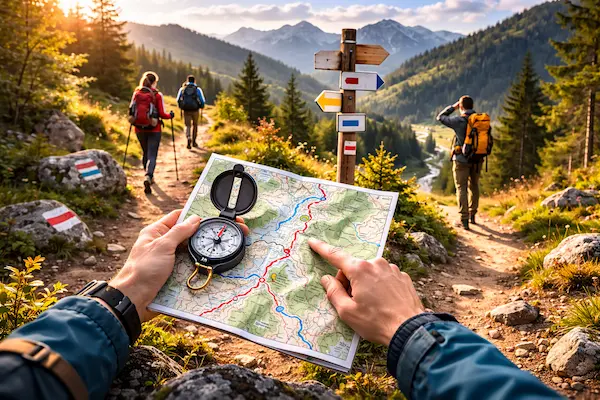 Orientácia v horách pomocou mapy a kompasu na turistickej trase.webp