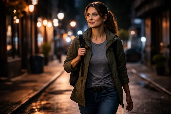 Osobná bezpečnosť v meste – žena so sebavedomým postojom ako príklad prevencie a sebaobrany bez zbrane.webp