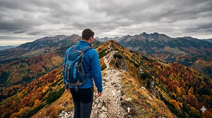 Turista vo flíse na hrebeni slovenských hôr počas jesennej turistiky.webp