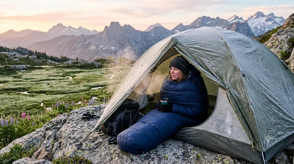 Turista v páperovom spacáku za mrazivého rána v horách.webp