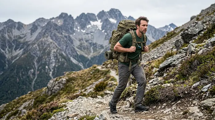 muž s vojenským batohom cvičí rucking na turistickom chodníku.webp