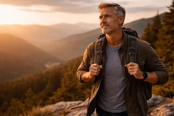 Muž stojí na horskom chodníku pri západe slnka, symbol mentálnej odolnosti, vytrvalosti a schopnosti zvládať náročné životné situácie..webp