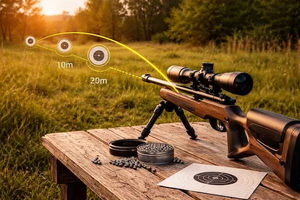 Ako čítať balistiku vzduchovky a pokles strely v praxi – znázornenie trajektórie diabolky a zmeny bodu zásahu na rôzne vzdialenosti.webp