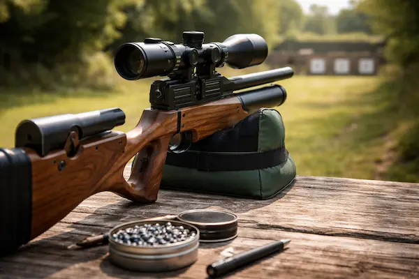 Ako správne odhadnúť účinný dostrel vzduchovky – vzduchovka s puškohľadom pripravená na presné testovanie zásahov na rôzne vzdialenosti.webp