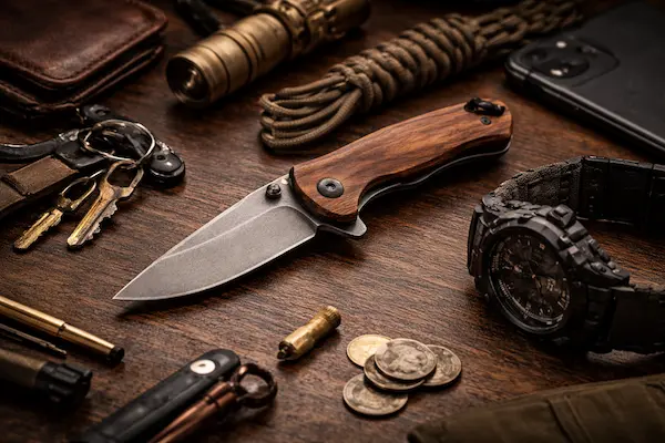 Najlepší EDC nôž medzi každodennou výbavou na stole s praktickými EDC doplnkami.webp