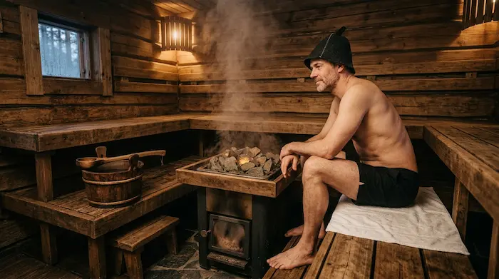 Muž na dolnej lavici sauny s klobúkom do sauny
