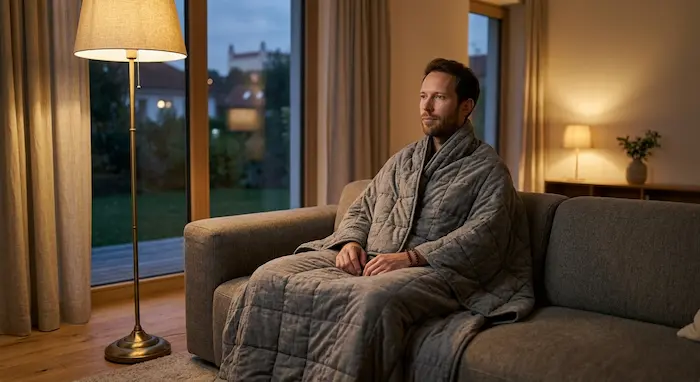 muž relaxuje pod záťažovou dekou vo večernom svetl.webp