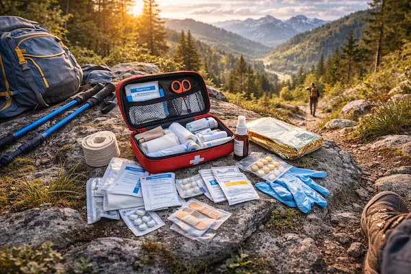 Turistická lekárnička s prvou pomocou položená na skalnom výhľade v horách.webp