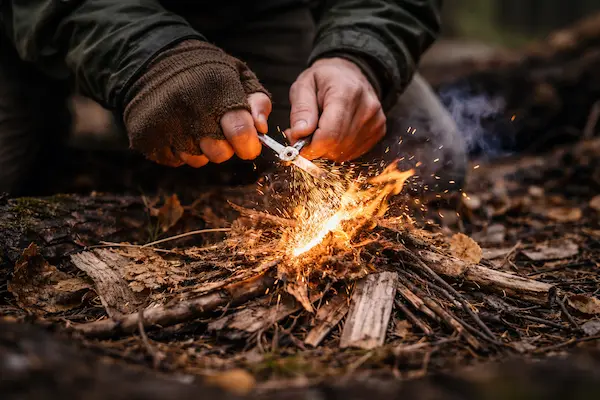 Detail rúk zakladajúcich oheň pomocou kresadla v lese, iskry dopadajú na pripravený podpaľ a drobné suché drevo..webp