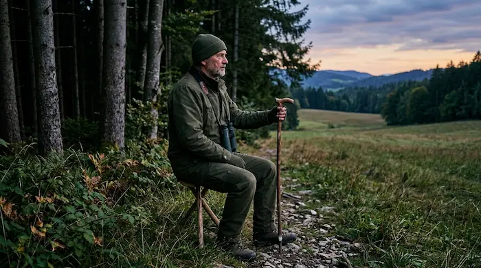 Poľovník na sedacej palici na okraji lesa