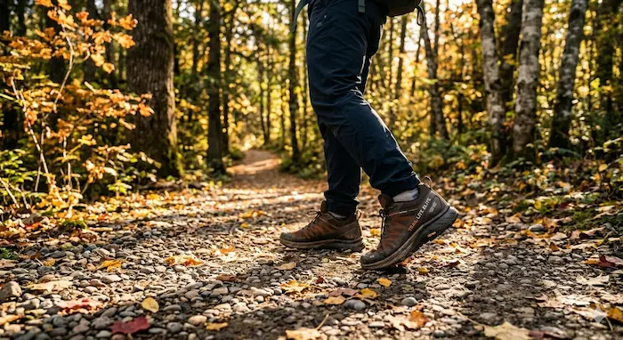 Turistické topánky s Gore-Tex membránou na lesnom chodníku počas jesennej túry.webp