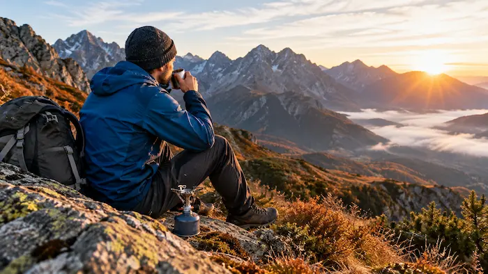Turista pije čaj z hrnčeka na horskom hrebeni
