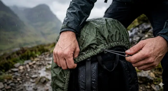Detail nepremokavého obalu natiahnutého cez turistický batoh so sťahovacou šnúrkou.webp