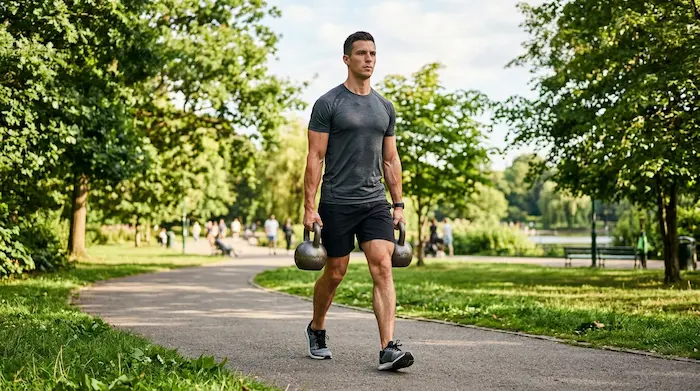 muž trénuje farmer's carry s kettlebellom v parku.webp