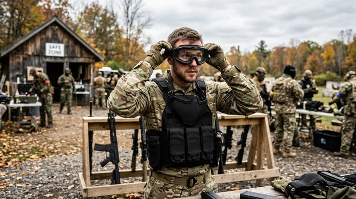 Hráč si pred hrou nasadzuje ochranné okuliare na airsoftovom ihrisku