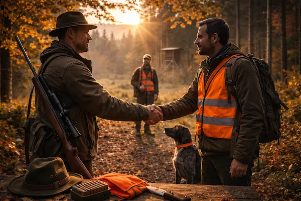 Poľovníci si podávajú ruky po spoločnej poľovačke v jesennom lese.webp