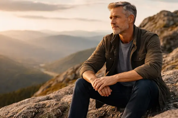 Sebavedomý muž na horskom vrchole ako symbol mentálnej odolnosti a schopnosti zostať pevný v náročných životných situáciách..webp