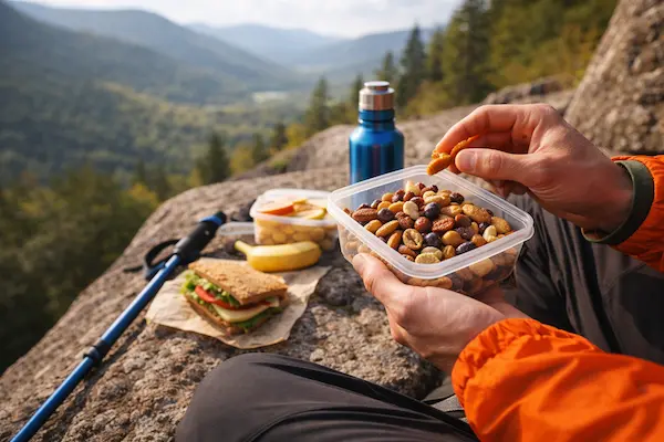 Strava na turistike – dopĺňanie energie orechmi a ovocím počas túry v horách.webp