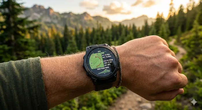 Offline topografická mapa na GPS hodinkách počas turistiky v horách.webp