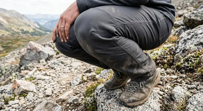 Detail predtvarovaného kolena turistických softshellových nohavíc v teréne.webp